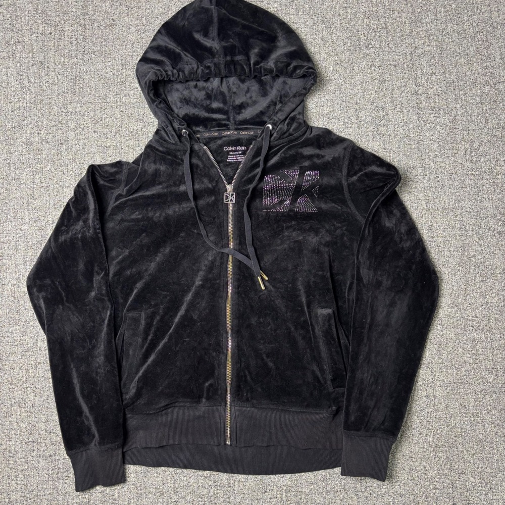 Calvin Klein Hoodie‎ Womens XS Velour Rhinestone Logo Black Full Zip Y2K